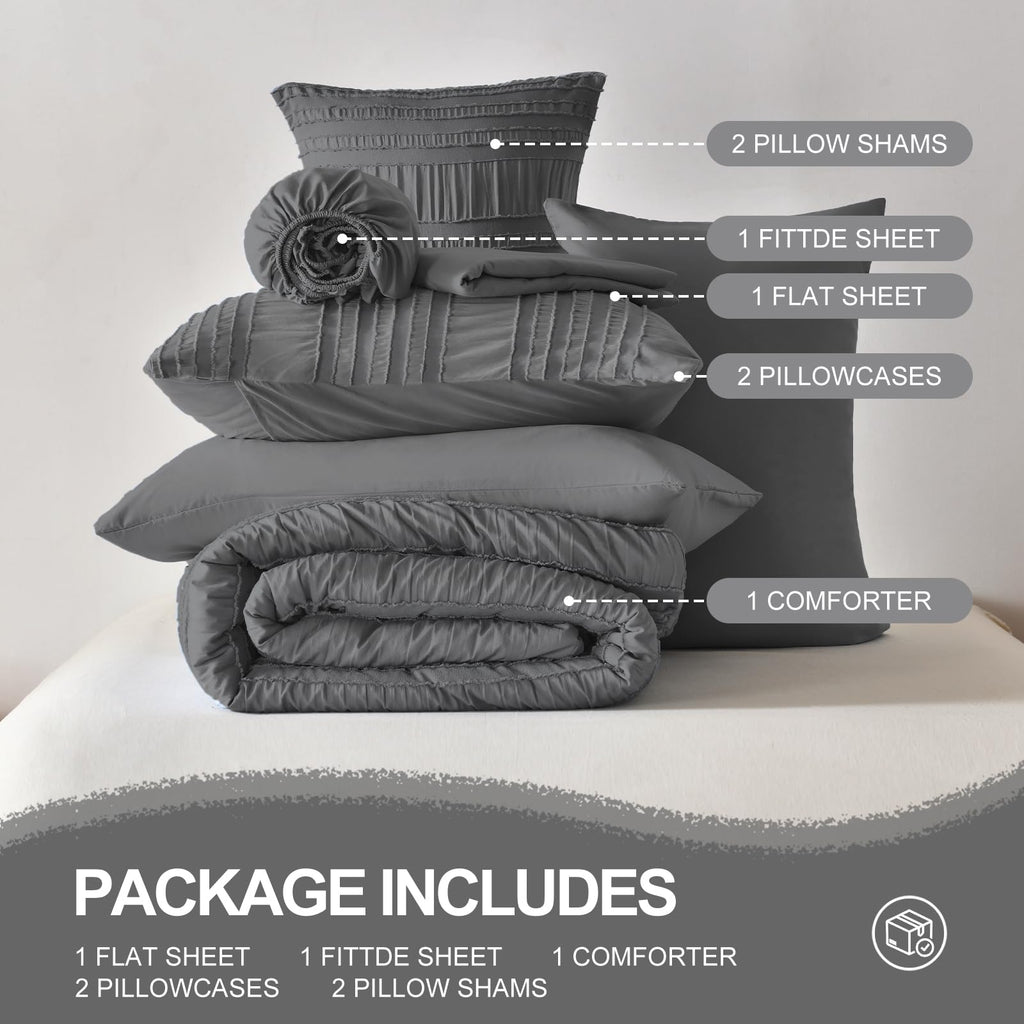 Dark Grey Tufted Textured Comforter Set, 7 Piece Bed in a Bag, Shabby Chic Boho Bedding Comforter, All