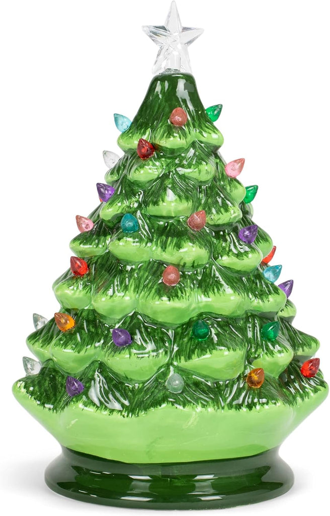 Vintage Green Lighted Ceramic Christmas Tree with Timer 8 Inch