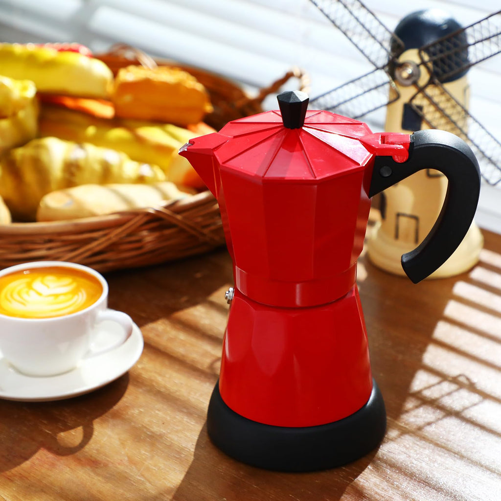 6 Cup Electric Espresso Coffee Maker 300ml Aluminum, Red