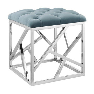 Intersperse Tufted Modern Ottoman with Silver Stainless Steel Geometric Frame in Sea Blue