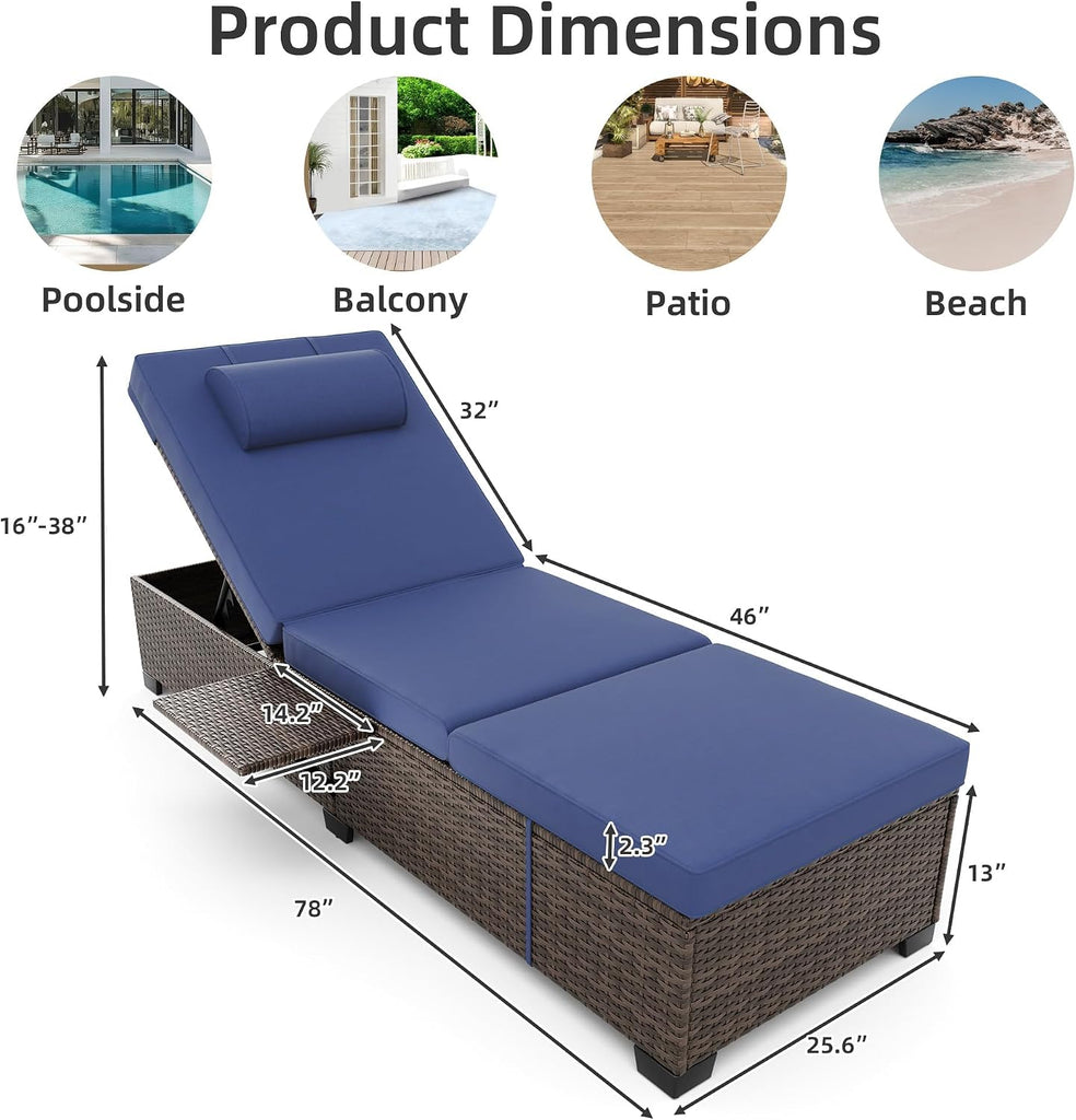 Outdoor Chaise Lounge Chairs,Wicker Patio Lounge Chairs Set of 2, Outdoor Patio Furniture Set, Rattan Reclining Beach