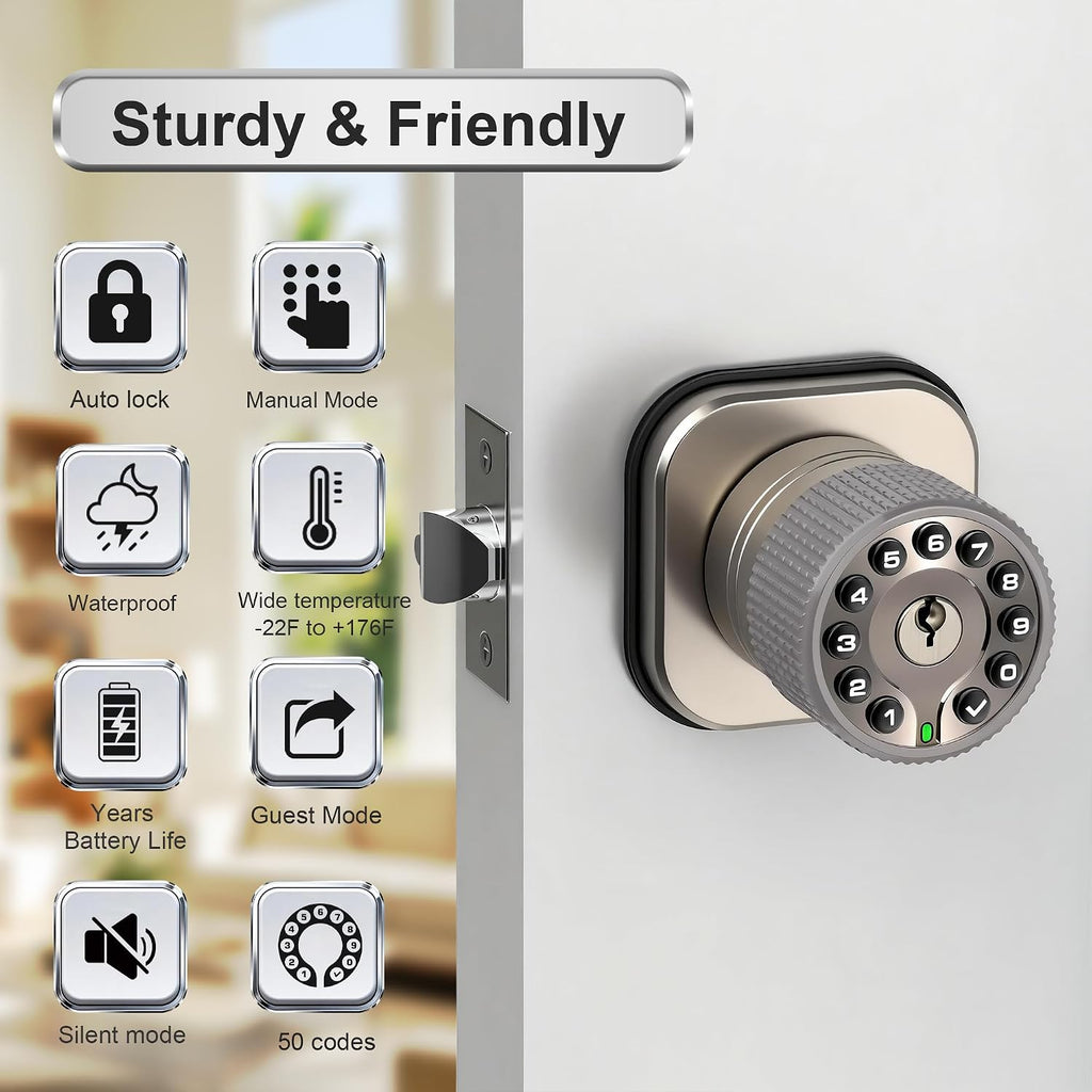 Keyless Entry Knob Lock with Keypad and Key,Auto Lock,Waterproof,Easy to Install and Program, Work with 4 AAA