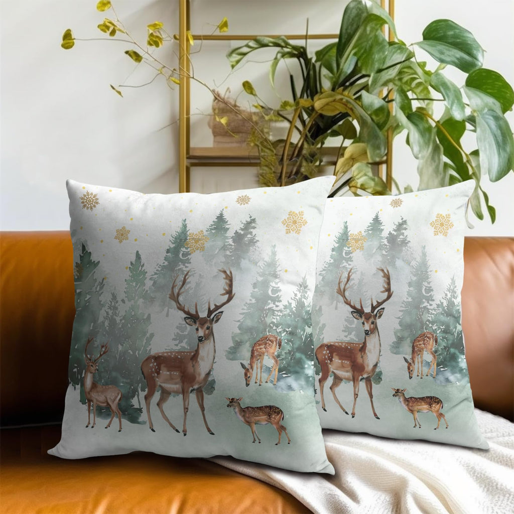 Winter Woodland Reindeer Deer Pillow Covers 18 x 18 Inch Set of 2 Xmas Tree Snowflake Holiday Cushion Case Decoration