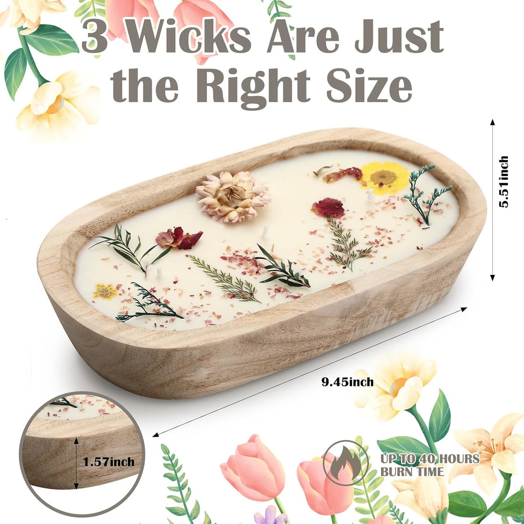 9.45'' Large Botanical Scented Bowl Candle Gift for Women Dried Flowers Wooden Dough Bowl Soybean Wax Candles