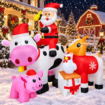 6FT Christmas Inflatables Santa Farm Scene with Blow Up Cow, Pig, Chicken & Gifts, LED Lighted Christmas Decorations