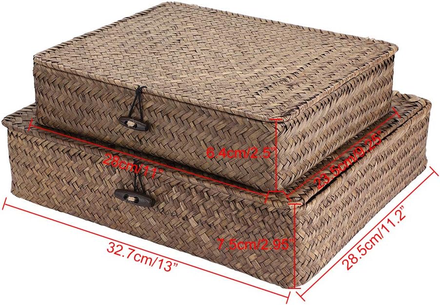 Set of 2 Flat Woven Wicker Storage Bins with Lid Seagrass Basket | Natural Decorative Baskets Multipurpose Home Boxes