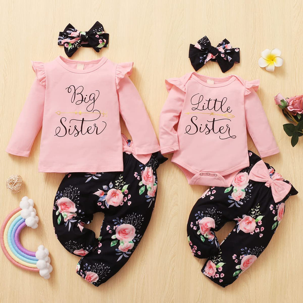 Sister Matching Outfits Pink Ruffle Long Sleeve Shirt Flowers Pants with Headband 3Pcs Clothes Set (Pink-Little