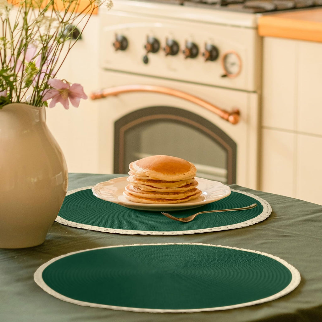 Round Placemats Set of 6, Woven Table Mats, Thin Edge, Pine Green