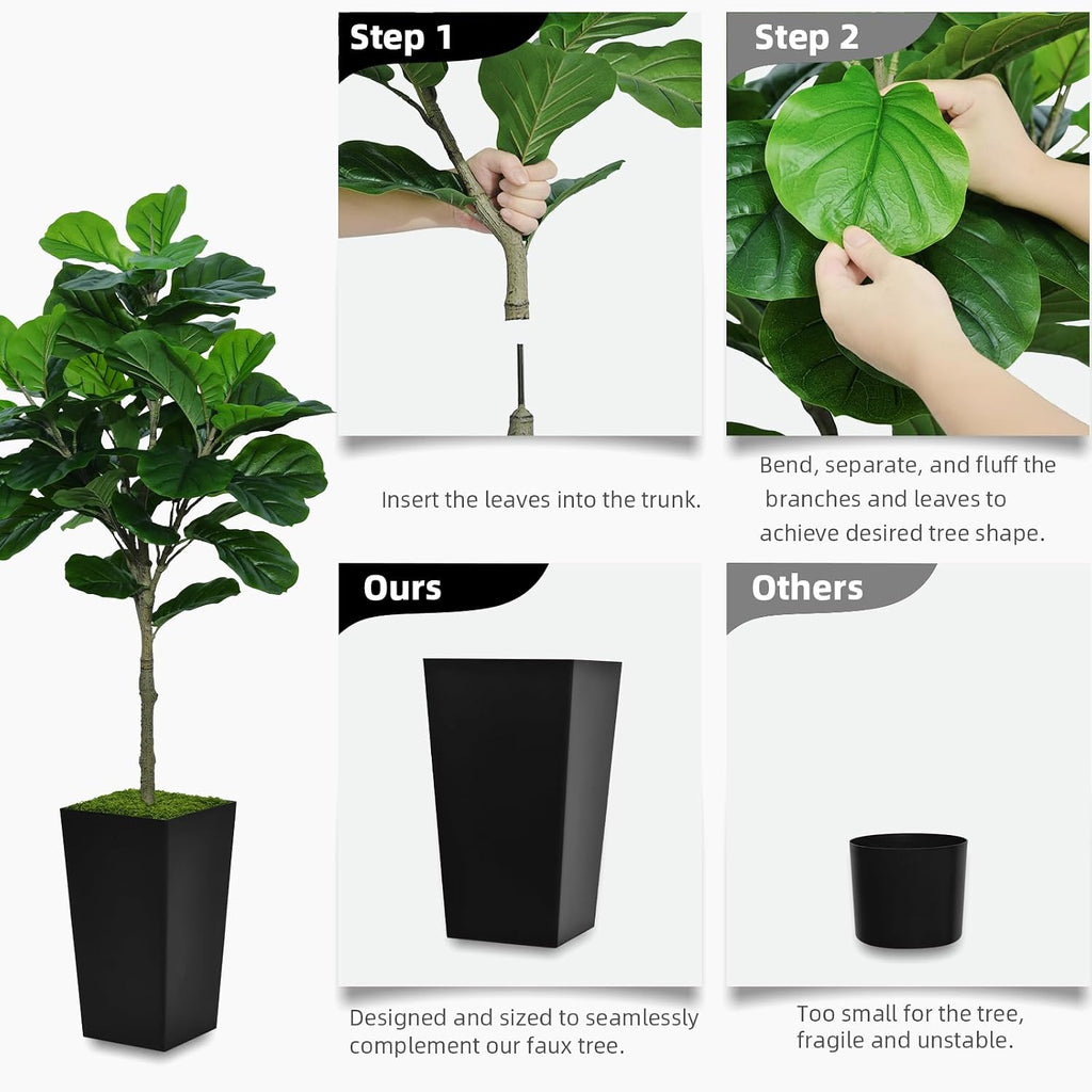 Fiddle Leaf Fig Tree Artificial 5FT - Faux Plant With Black Tall Planter - Fake Ficus Lyrata Floor Plant in Pot