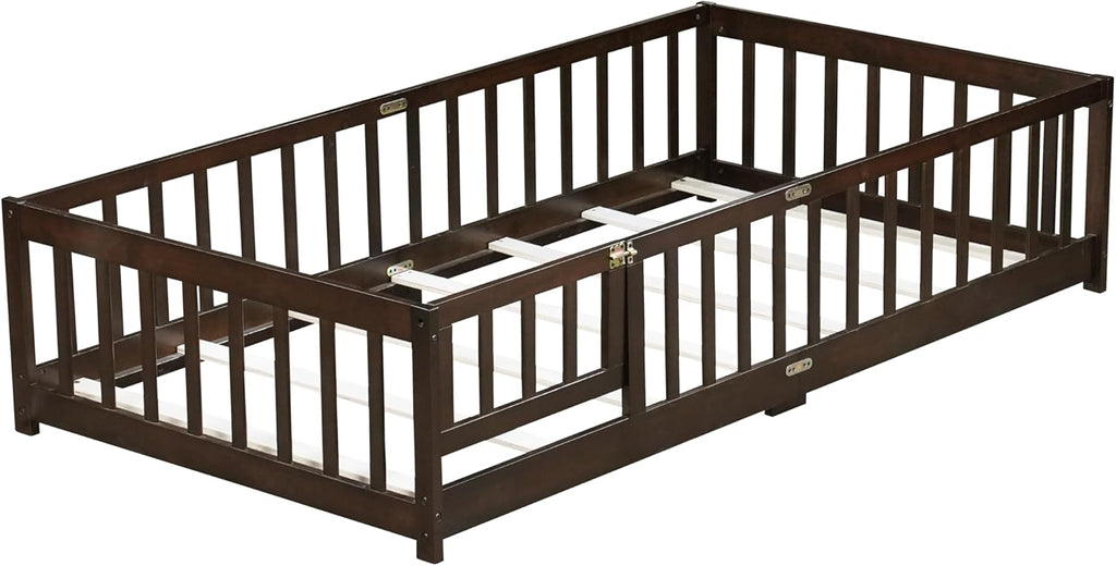 Twin Floor Bed with Fence & Slats, Rubber Wood Montessori Floor Bed Frame with Full-Length Guardrails & Removable