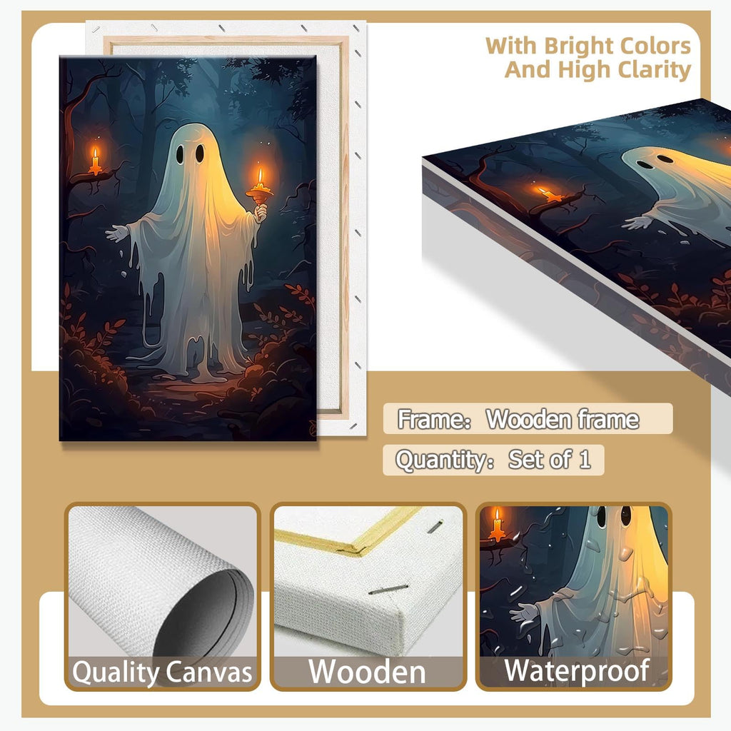 Retro White Ghost Posters Cute Horror Scary Wall Art Halloween A White Ghost Holding A Candle In A Dark Forest Prints