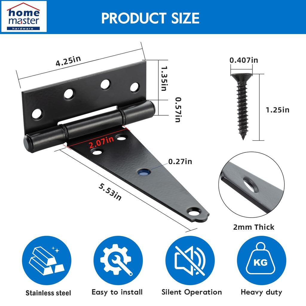 6" Stainless Steel Gate Hinges, Heavy Duty T Strap Hinges, Black, 4 Pack