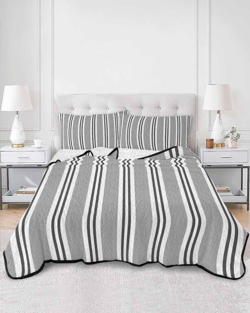 Gray Black and White Stripe Pattern Quilt Set 3 Pieces Quilted Bedspread- Soft, Neutral Ticking Stripe