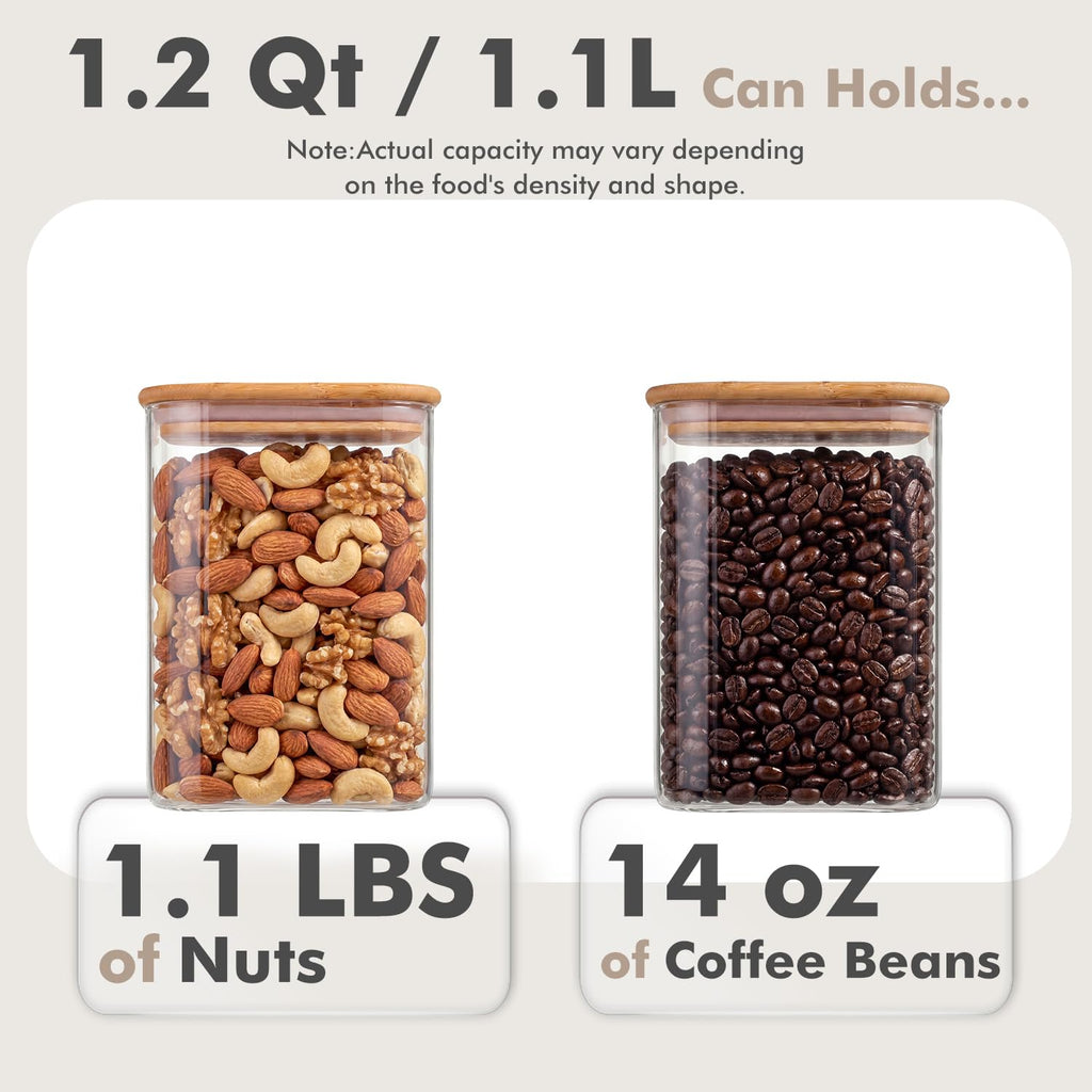 6-Pack 1.2Qt Rectangle Glass Storage Jars with Bamboo Lids