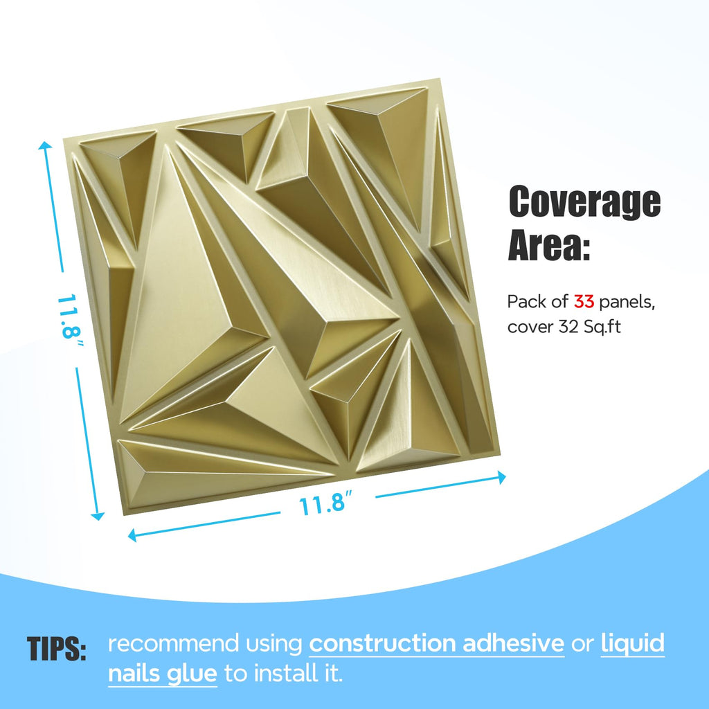 Gold 3D Wall Panels, 12''x12'', PVC, 33 Pack