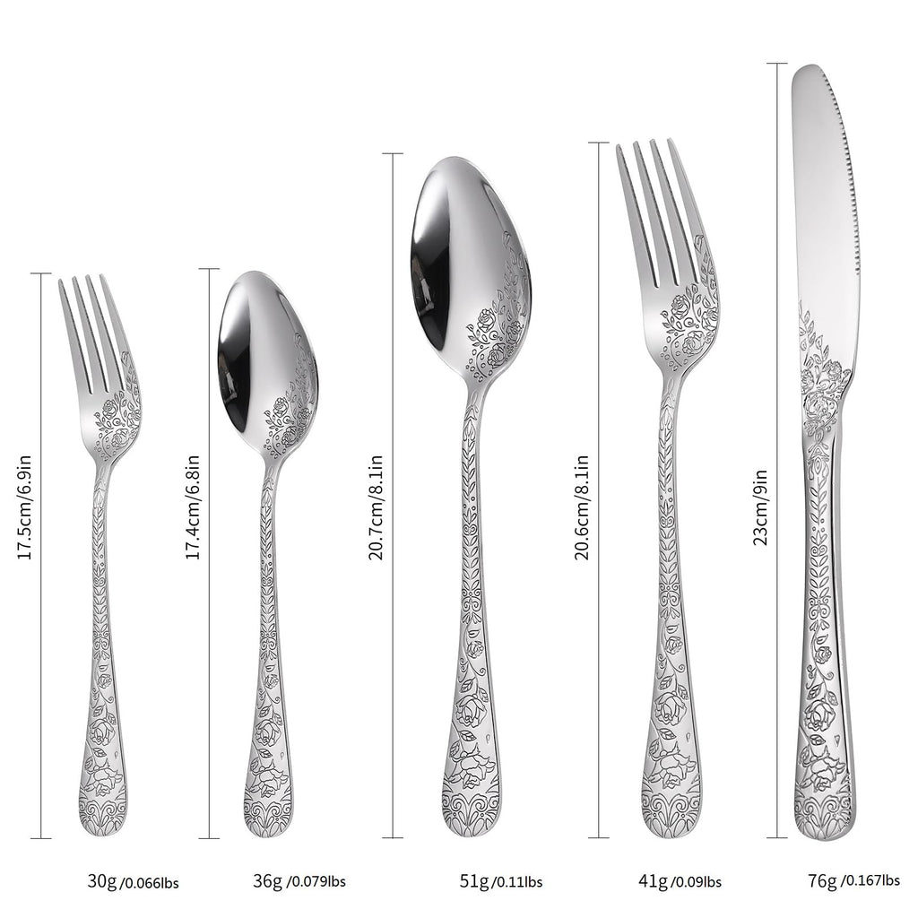 Floral Silverware Set 6 Silvery Flatware Stainless Steel with Delicate Engraved Rose Flower Embossed Design Complete