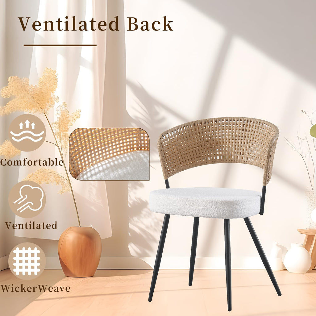 Rattan Dining Chairs Set of 4, Farmhouse Upholstered Teddy Cushion with PE Cane Round Back Kitchen Chair, Mid Century