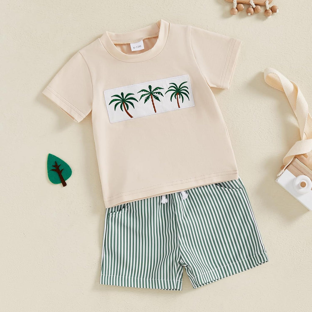 Toddler Baby Boy Summer Outfits Short Sleeve Embroidered T Shirt Tees + Striped/Plaid Shorts Infant Clothes Set
