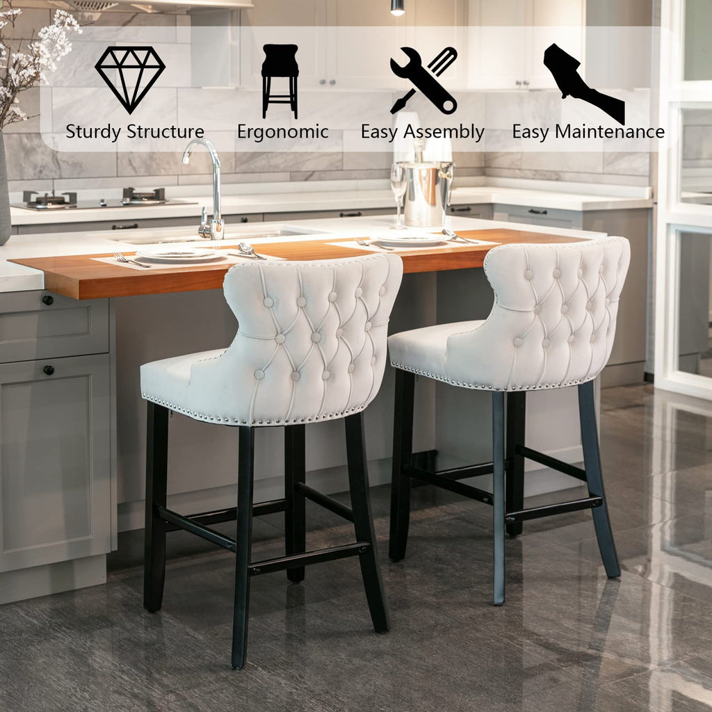 Velvet Wingback Bar Stools Set of 2, Upholstered Button Tufted Counter Height Bar Stool Chairs with Solid Wood Legs