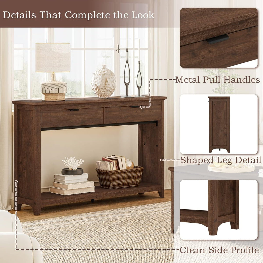 Entryway Table with 2 Drawers, 47 in Sofa Console Table, Rustic