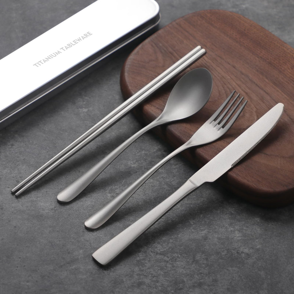 Titanium utensil travel set, portable lunch silverware set with box, including titanium spoon, fork, knife, reusable