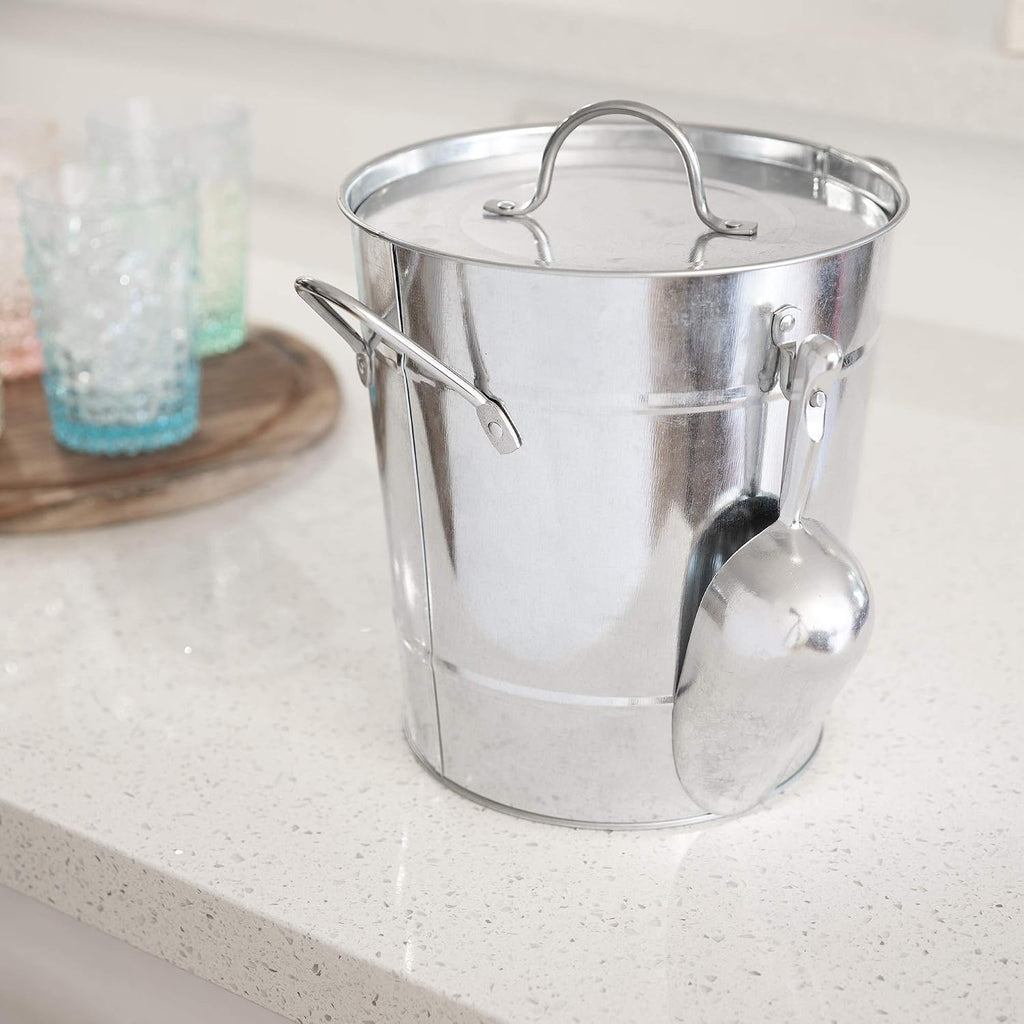 Insulated Ice Bucket with Lid, Scoop & Handles for Beer, Wine, Champagne, Beverages, 1 Gal Galvanized Metal Bucket
