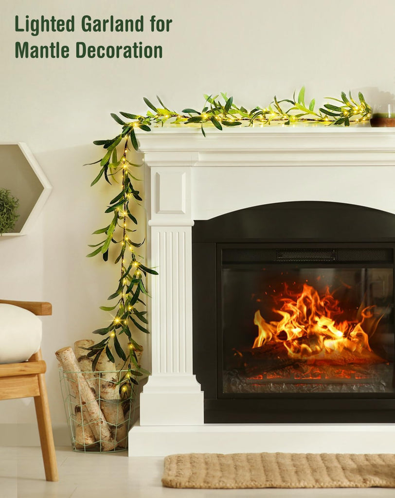 LED 6 Ft Artificial Olive Lighted Garland for Fireplace Decor - Set of 6