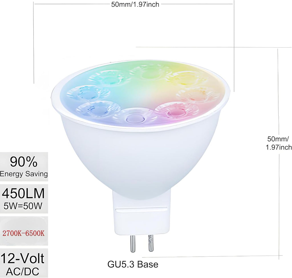 Smart MR16 LED Bulb Dimmable Color Changing, 12V Gu5.3 Bi-pin Base, WiFi & Bluetooth LED Bulbs Work with Alexa