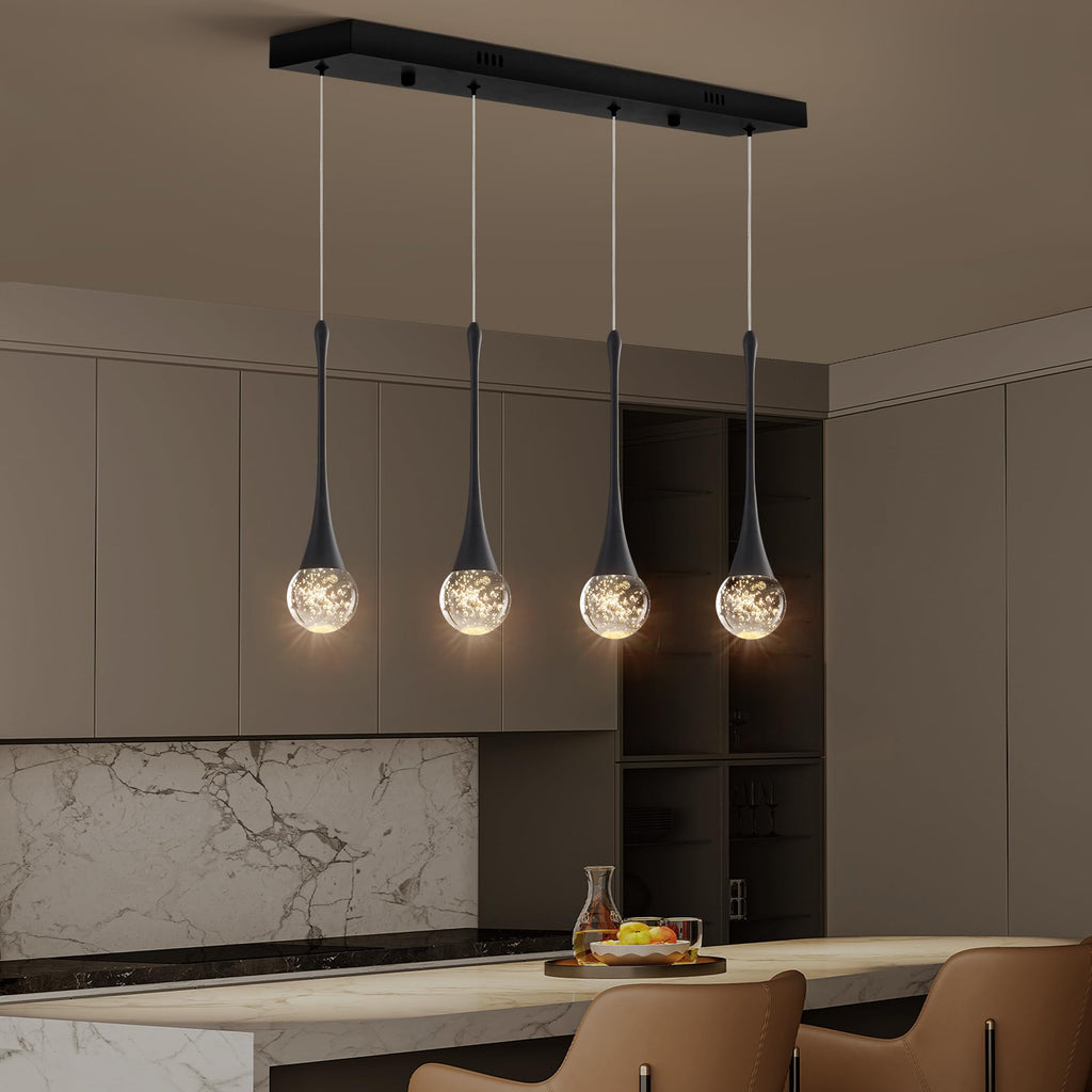 Modern Black Crystal Chandelier Island 4-Lights, Luxury Retangular Dimmable LED Bubble Raindrop Pendant Lighting