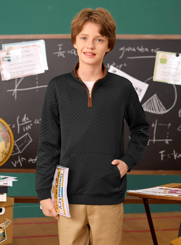 Boys 1/4 Zip Sweatshirts Quilted Pullover with Kangaroo Pocket