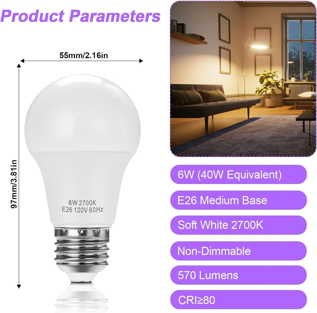 E26 LED Light Bulbs 40W Equivalent, A15 6W Soft White 2700K, 4-Pack