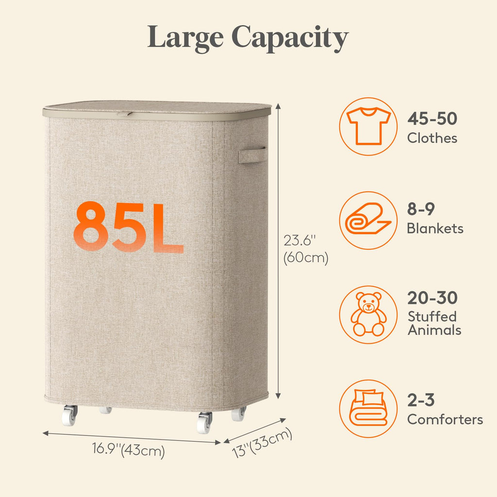 85L Large Laundry Basket with Wheels and Lid, Beige