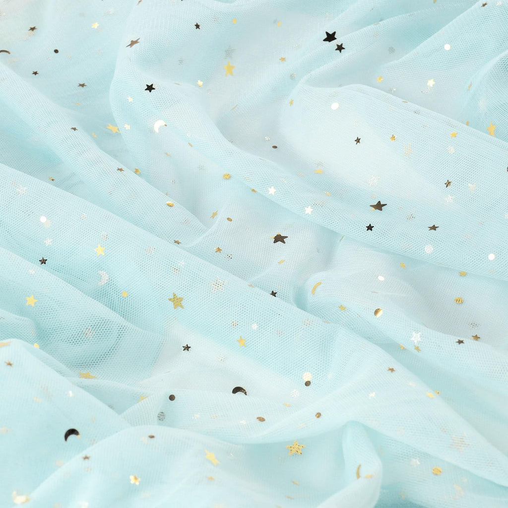 59" x 4 Yards Light Blue Glitter Tulle Rolls Star Moon Sequin Tulle Fabric Bolt for Photography Props Background Tutu