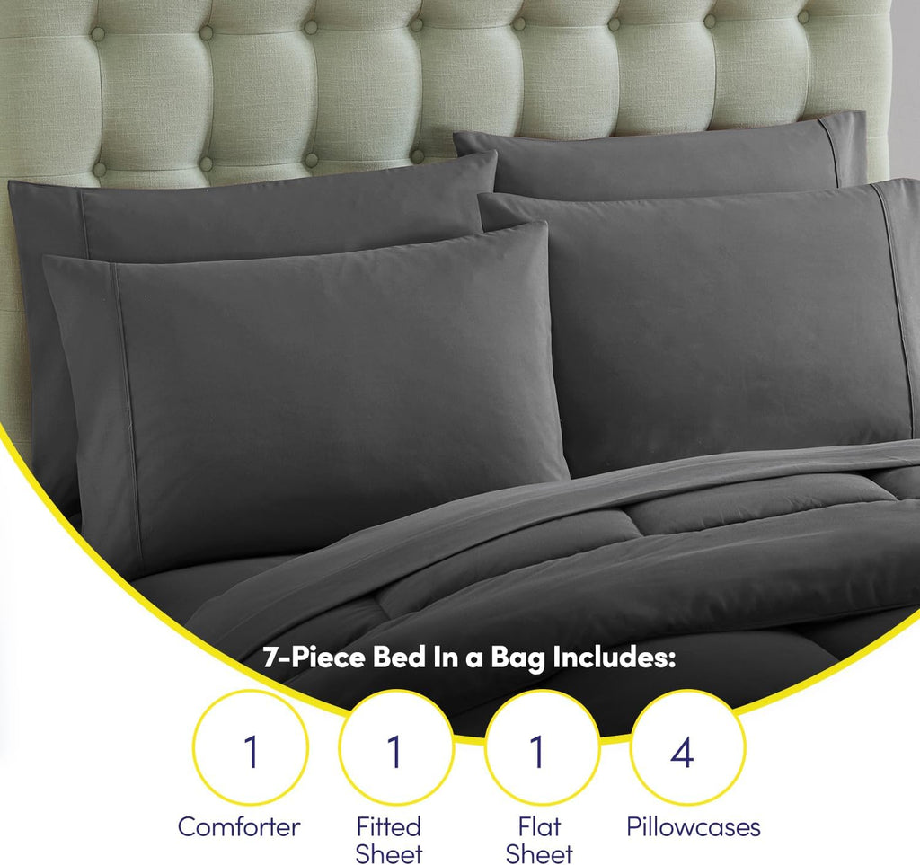 Queen Comforter Set with Sheets - 7-Piece Bedding Collection - 1 Comforter, 1 Fitted Sheet, 1 Flat, 4 Pillowcases