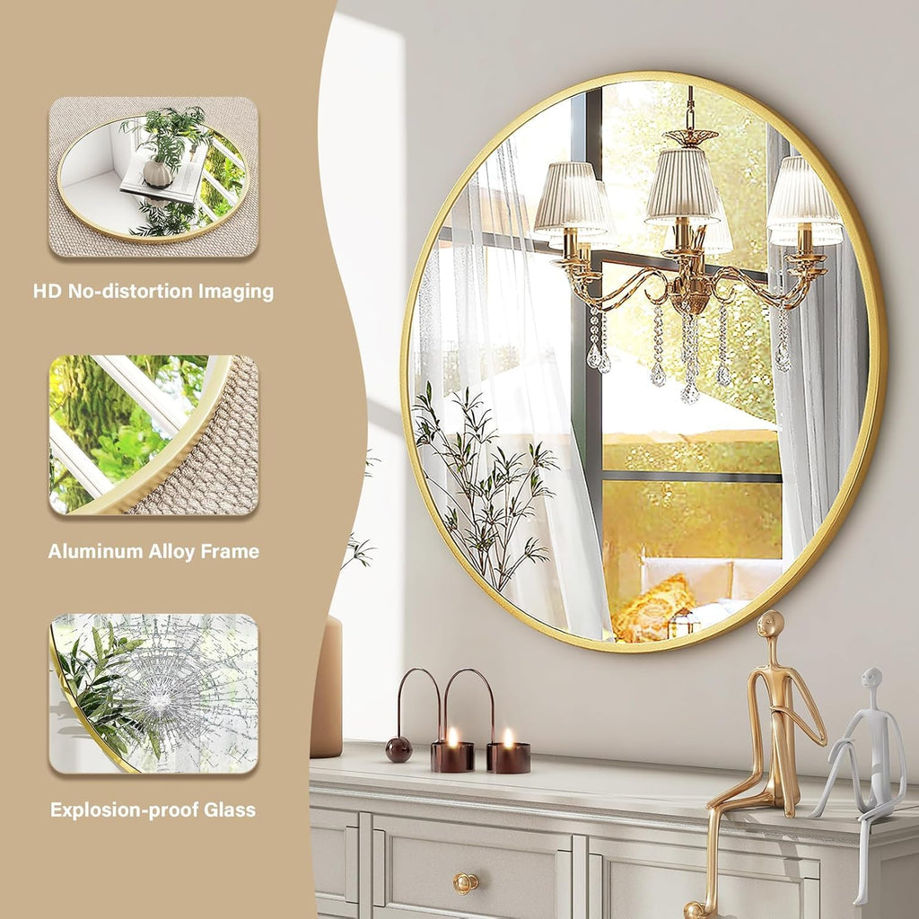 28" Round Mirror Gold Bathroom Circle Wall Mirror