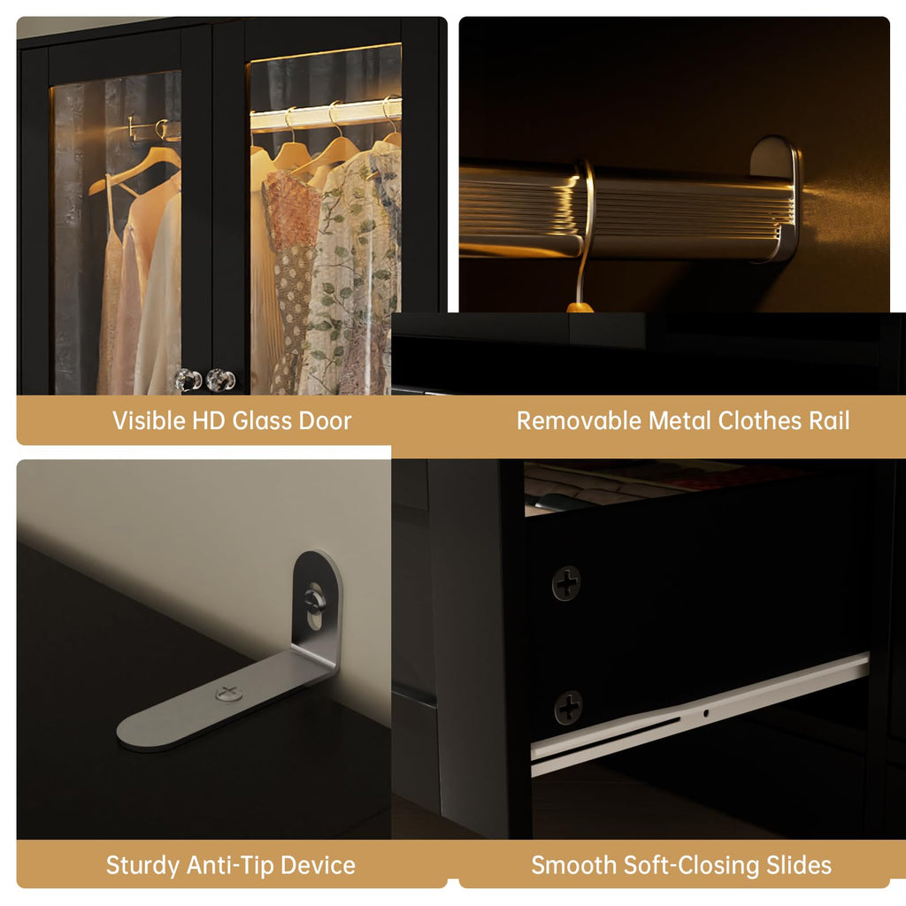 71" H Armoire Wardrobe Closet with Motion Sensor LED Light (Black)