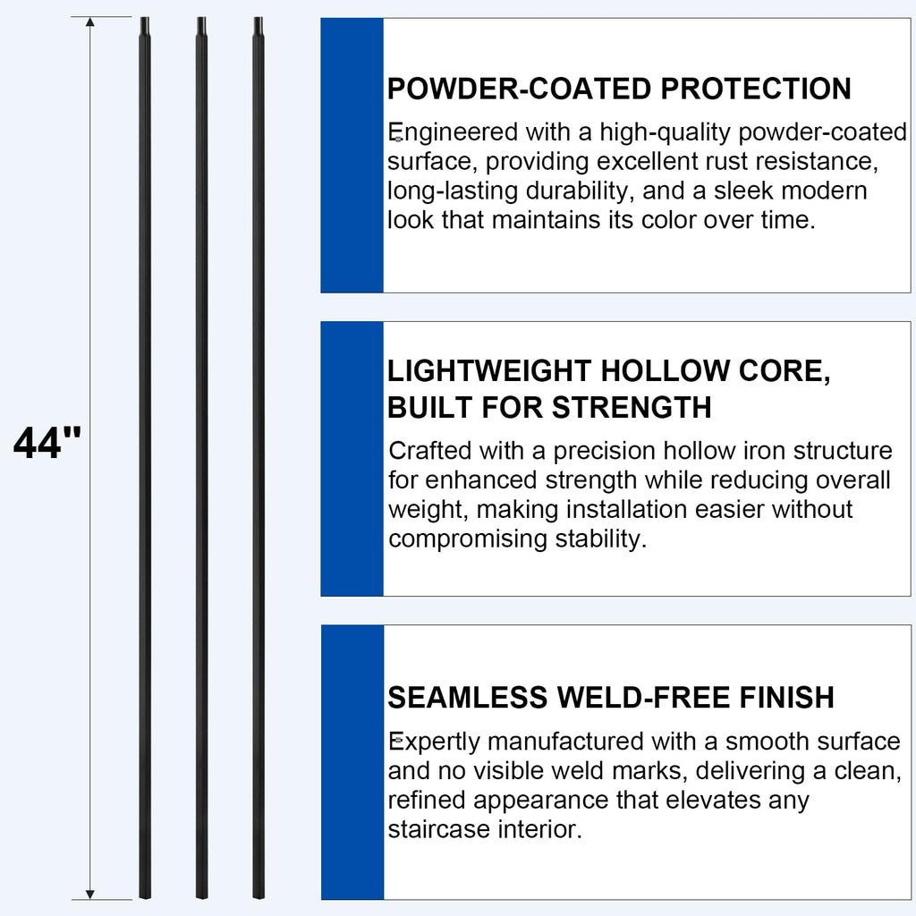 44" Wrought Iron Plain Balusters, 1/2" Square Hollow Iron Spindles, Balusters for Staircase Interior, Decorative