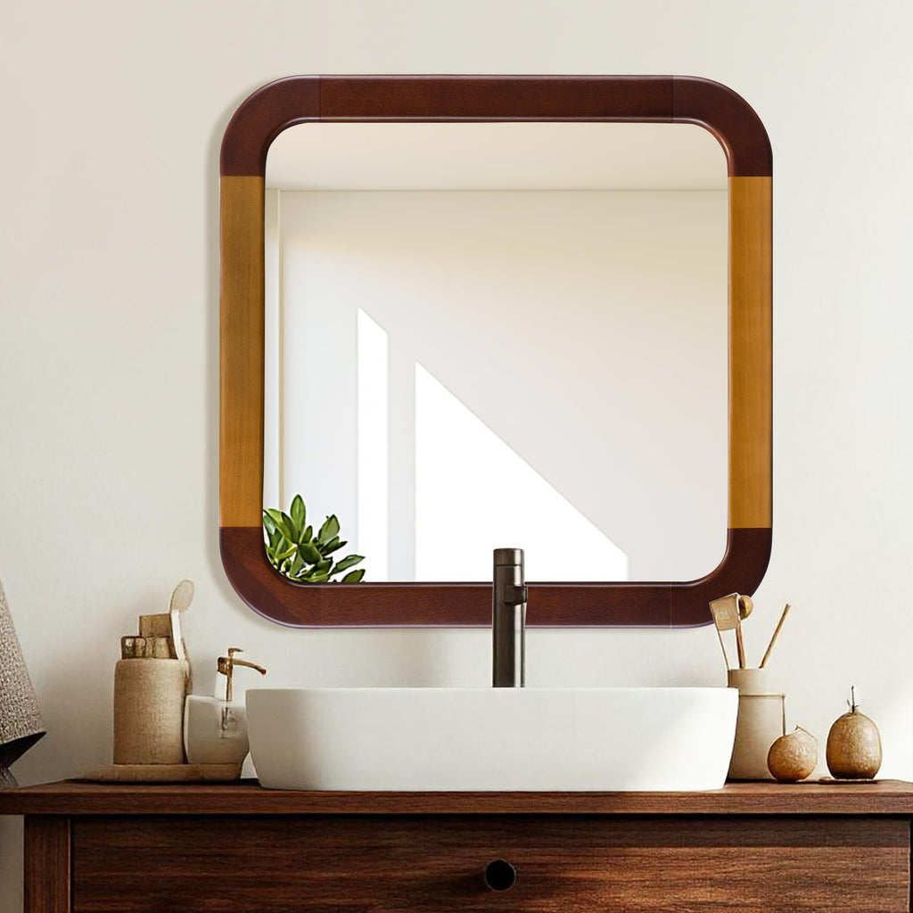 Bathroom Mirror 24 x 24 Inch, Brown Wood Walnut Square Tempered Wall Mirror