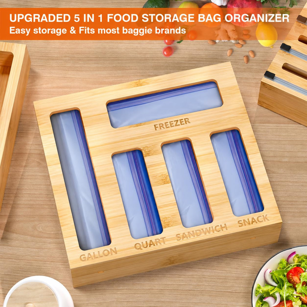 9-in-1 Bamboo Kitchen Drawer Organizer for Storage Bags and Wrap