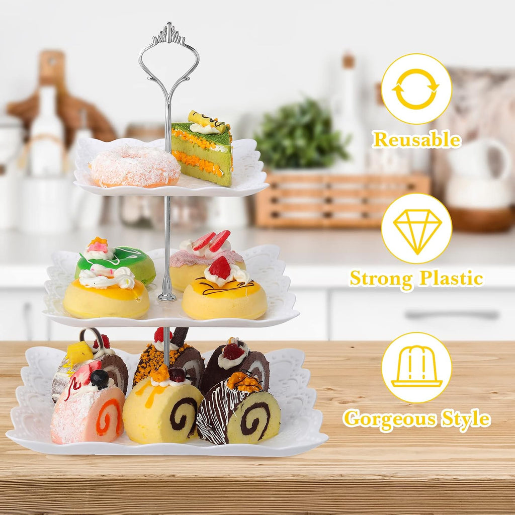 Tiered Serving Tray White Plastic Dessert Tower, Silver - Set of 6
