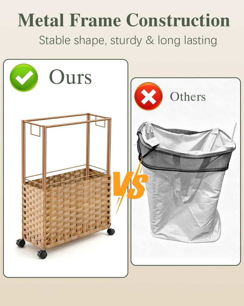 Slim Laundry Hamper with Wheels, 48L Narrow Laundry Hamper Natural