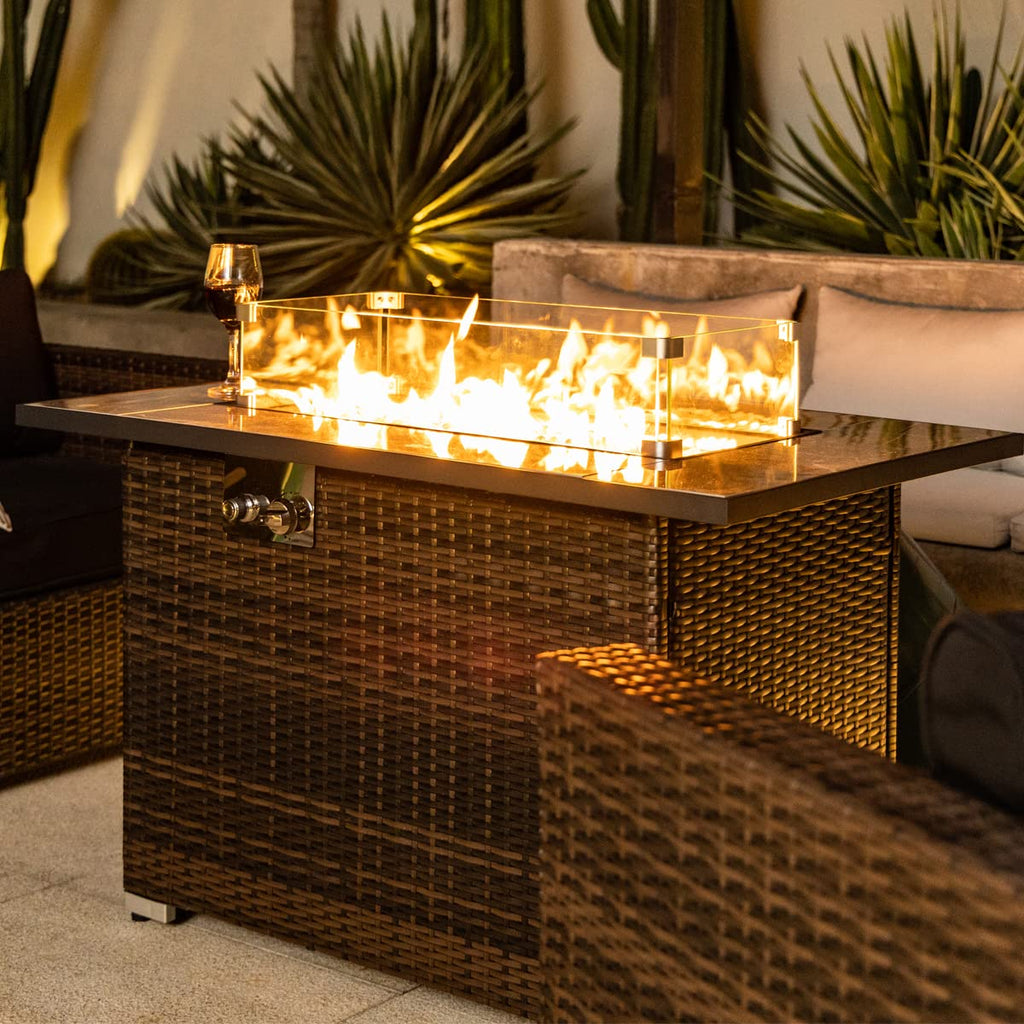44in Outdoor Propane Gas Fire Pit Table, 50, 000 BTU Auto-Ignition Gas Firepit with Glass Wind Guard, Marble Tile