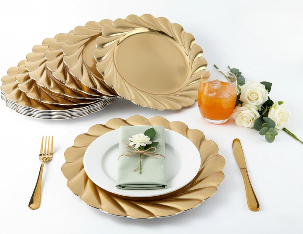 Gold Charger Plates, Swirl Wave Plate Chargers for Dinner Plate, Round Plastic Table Chargers - Set of 12