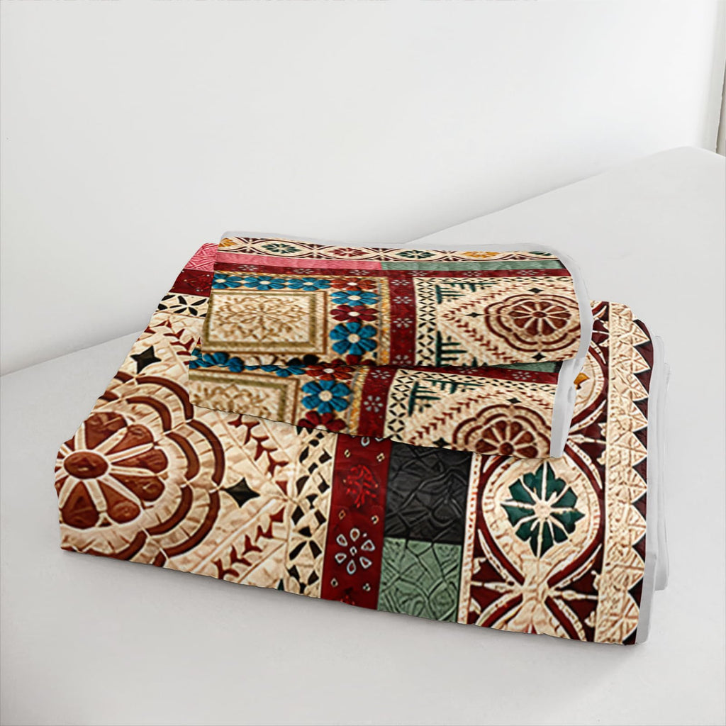 Vintage Bohemian Floral Patchwork Quilt, Geometric Bedspread.