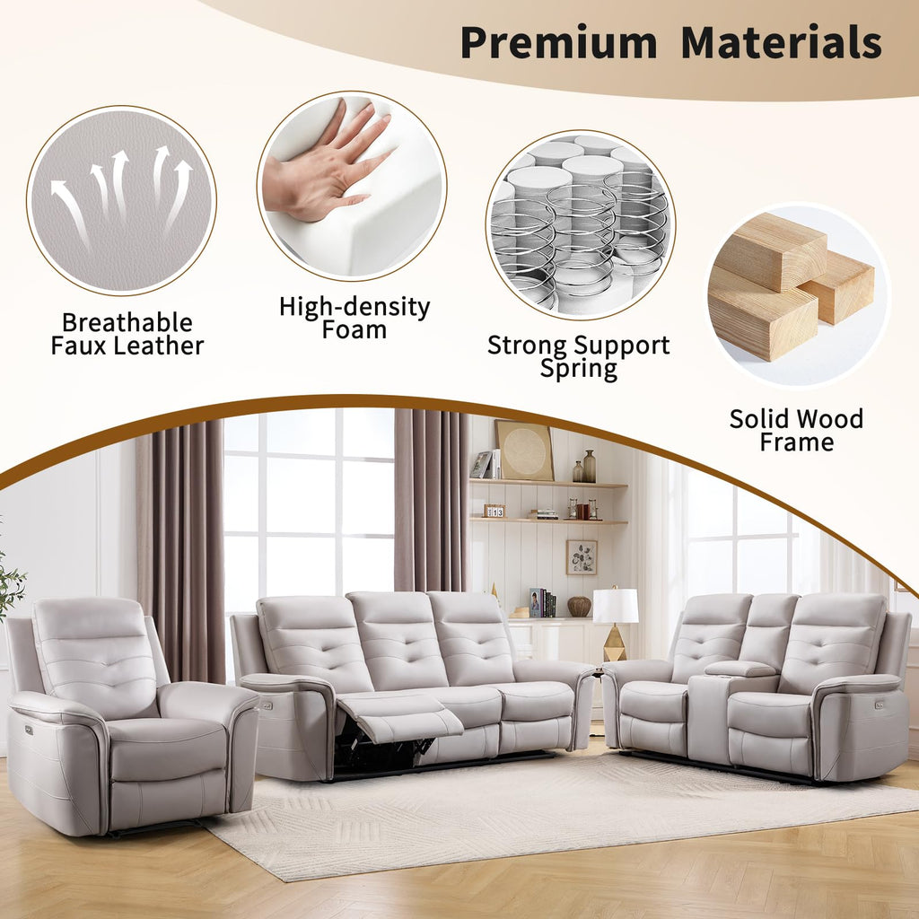 3-Piece Faux Leather Power Recliner Sofa Set with USB&Type-C Charging Ports, Include 2 Single Recliner Chairs and