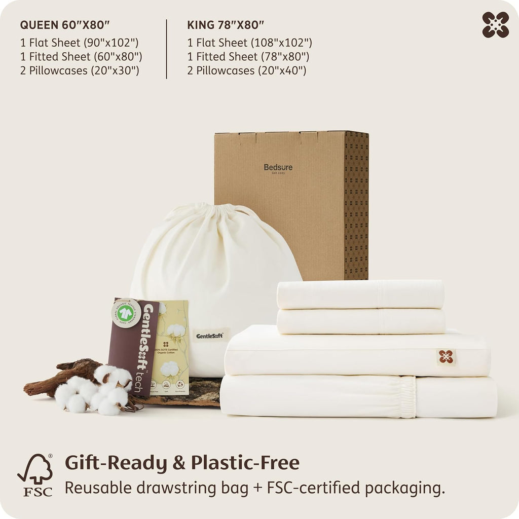 100% GOTS Certified Organic Cotton Sheets, King Sheets Set, 17" Deep Pocket Bedsheets with Corner Straps