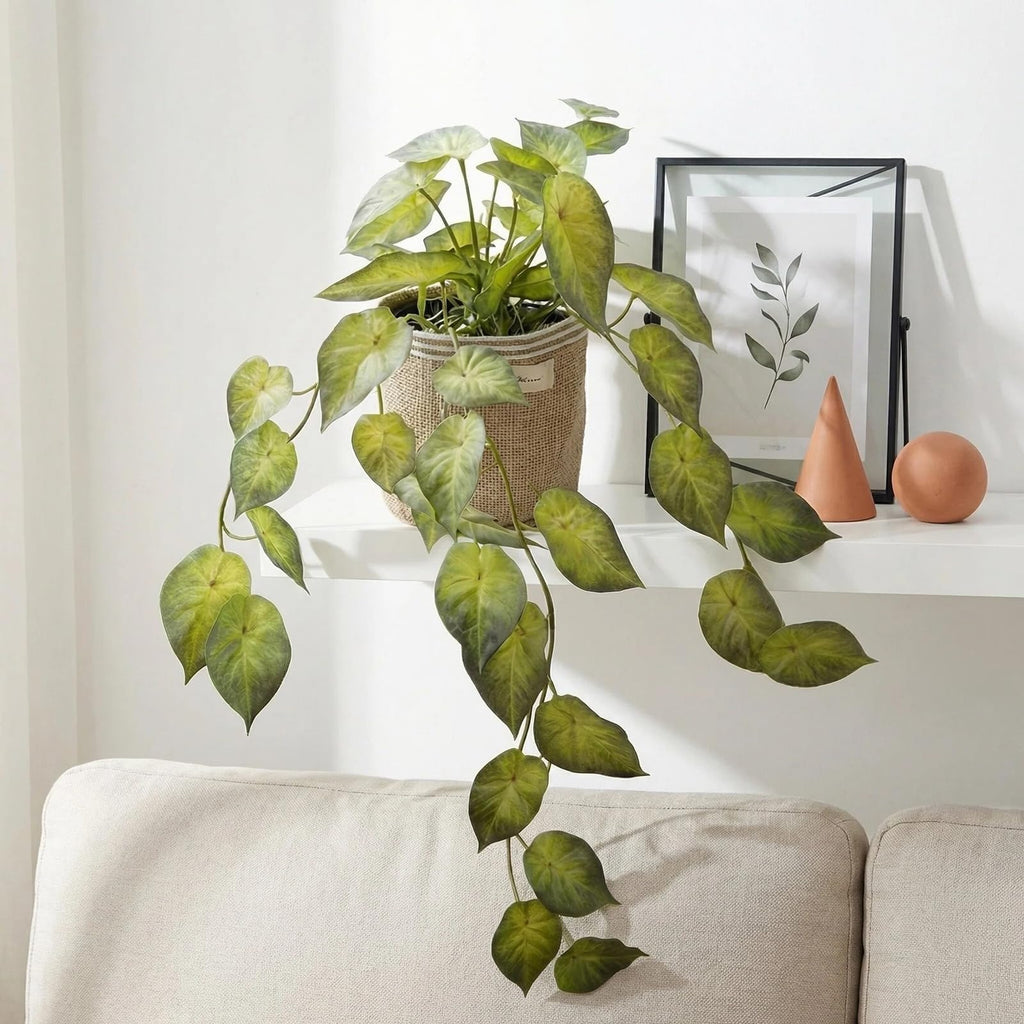 Fake Pothos Hanging Plant in Pot, Light Green Artificial Indoor Greenery