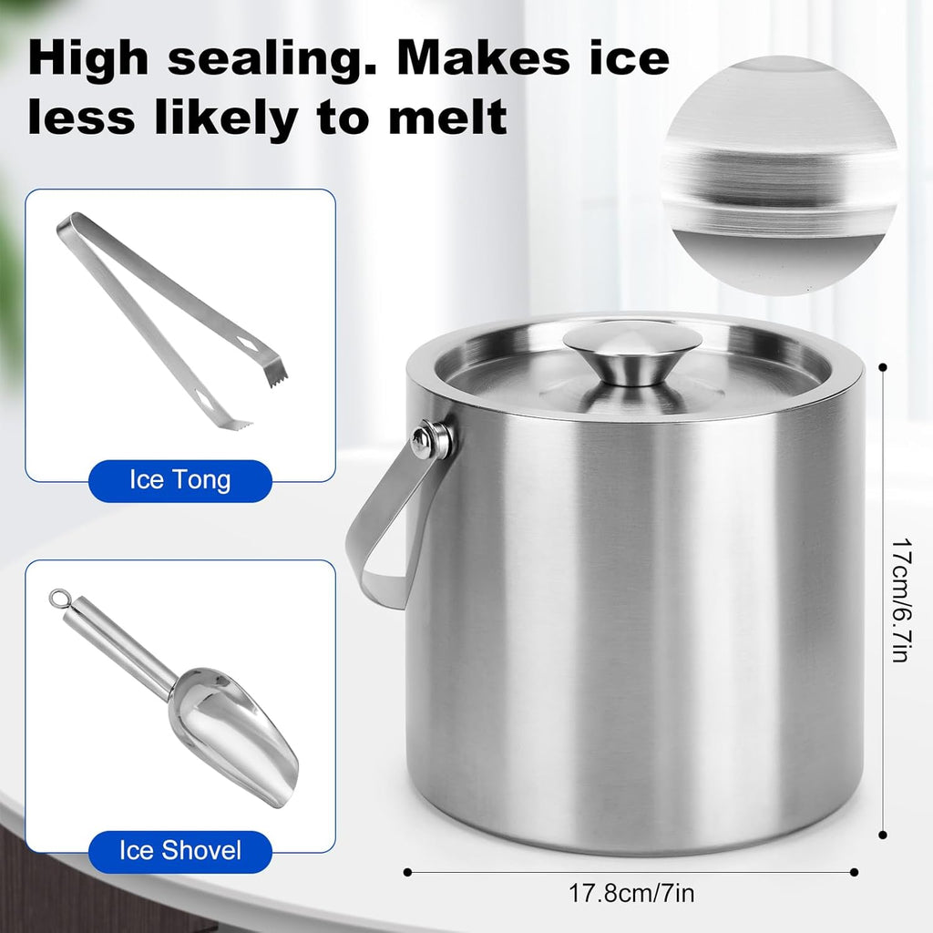 Ice Bucket, 3L Double Wall Insulated Ice Bucket with Lid,Scoop,Tongs- Inner Layer 304 Stainless Steel Ice Container