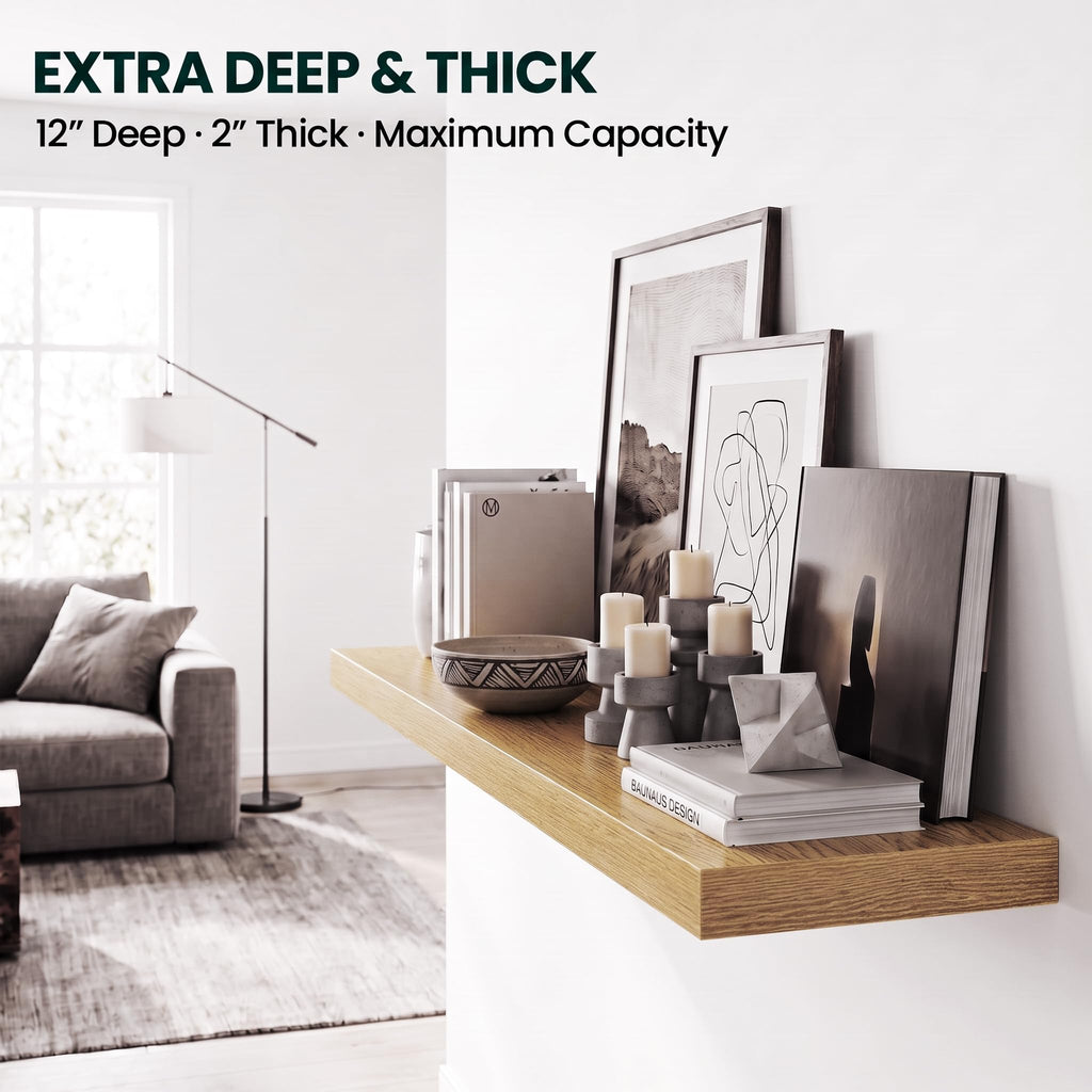 12 Inch Deep Floating Shelves Oak, 24 Inch Long, 2" Thick Floating Shelves for Wall, Hidden Bracket
