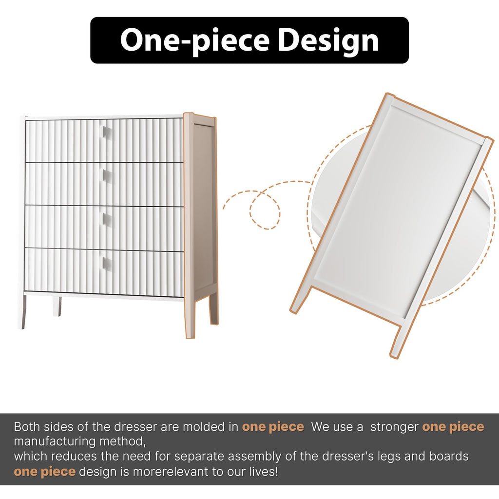 White 4 Drawer Dresser, Modern Chest of Drawers, Wood Fluted Dresser Organizer with Deep Drawers for Clothes